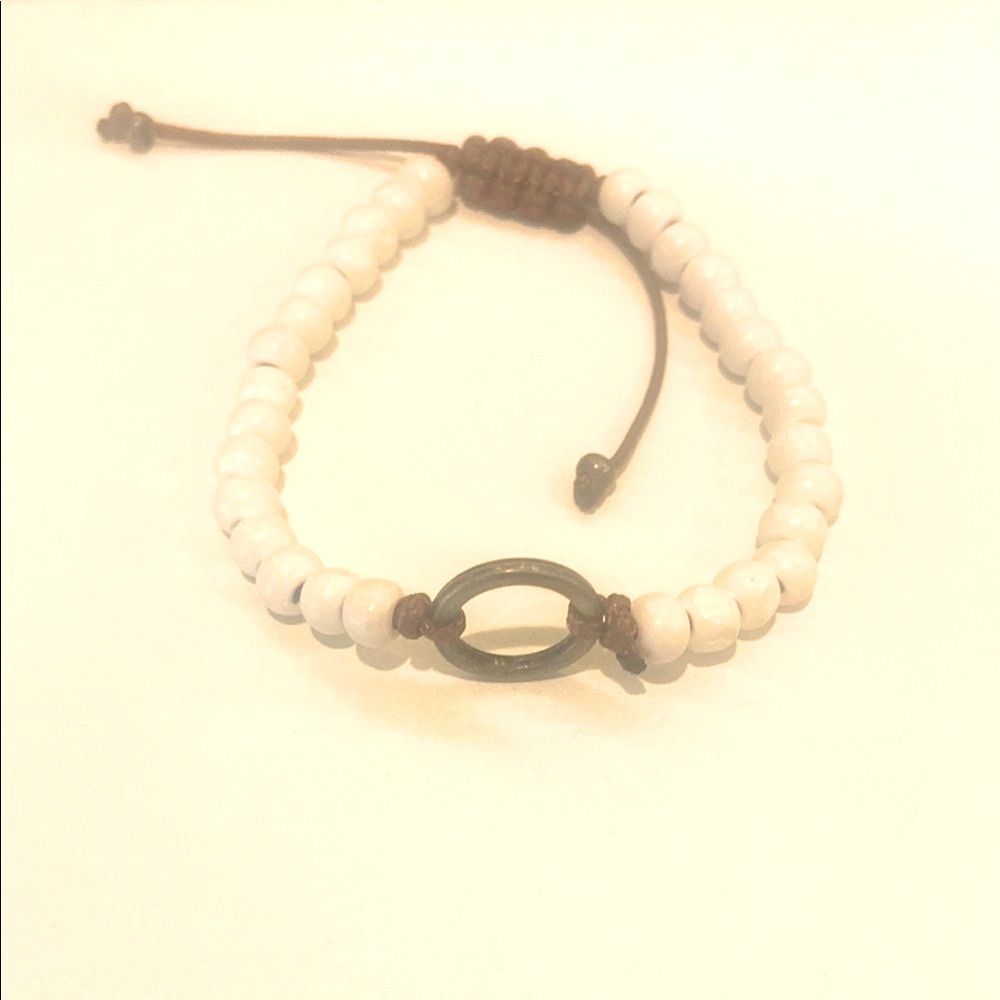 White Beaded Bracelet with Brown Cord